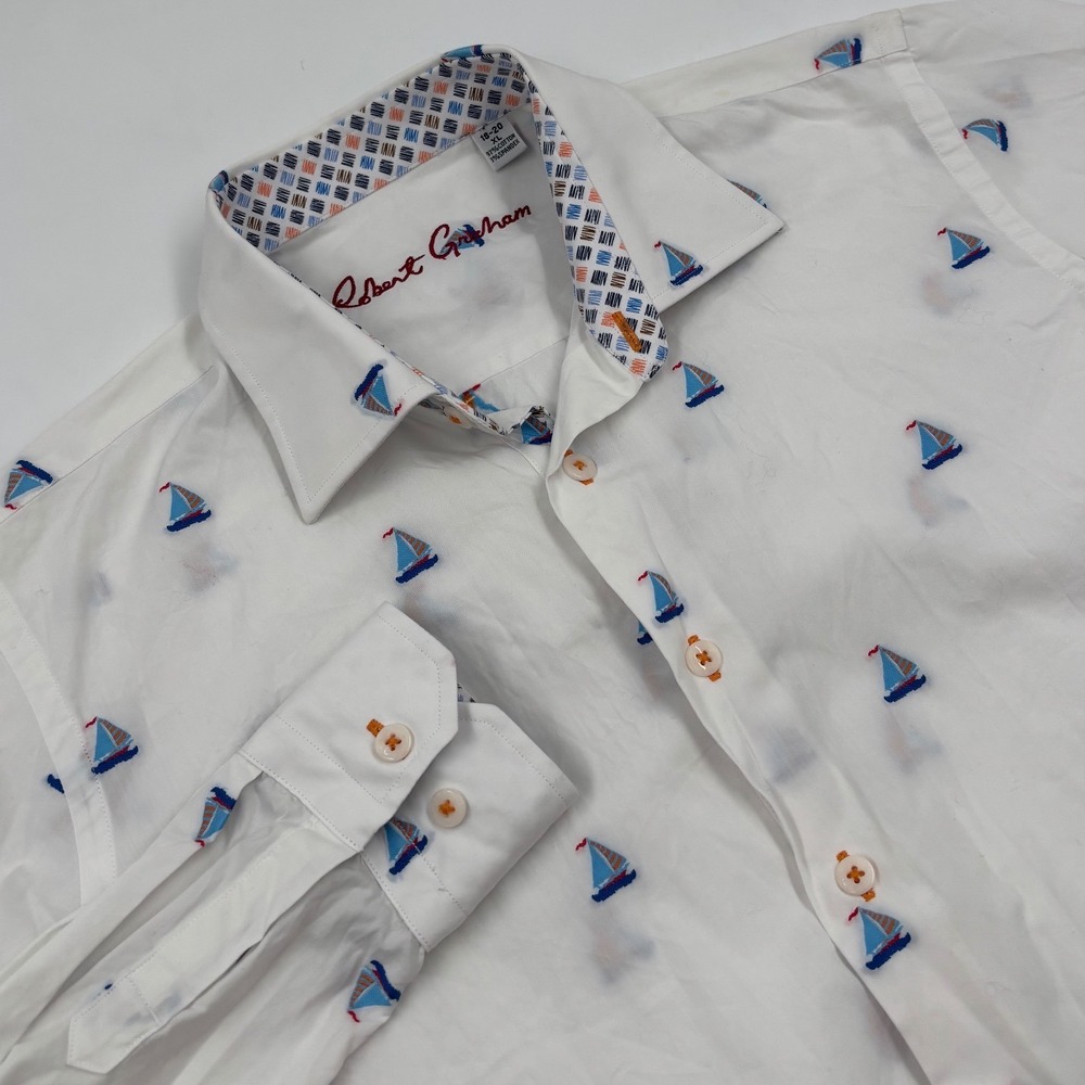Robert Graham Boy's XL 18-20 Sailboat Button Down White Nautical Shirt